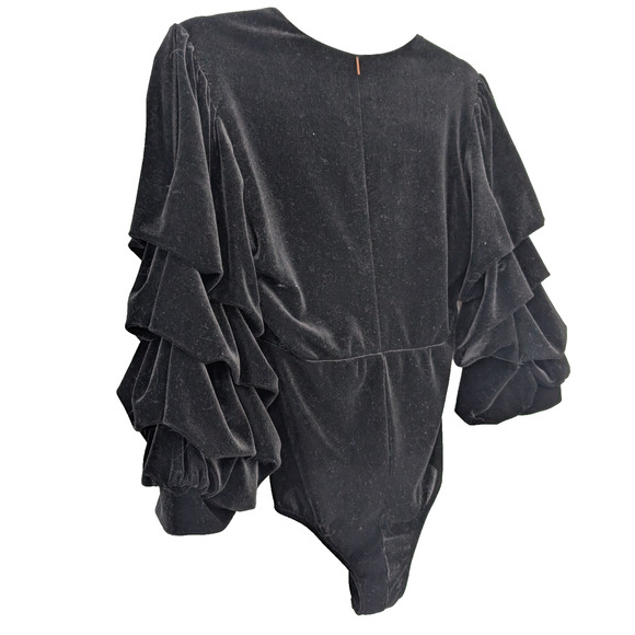 Misa Linde Black Velvet Ruffle Sleeve V Neck Bodysuit Fairy Renaissance Glam SM - Picture 7 of 14